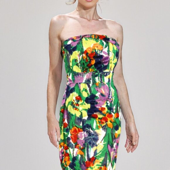 DEPT Strapless Floral Sheath Dress Abstract Bright Print Stretch Smocked Party - Picture 4 of 13